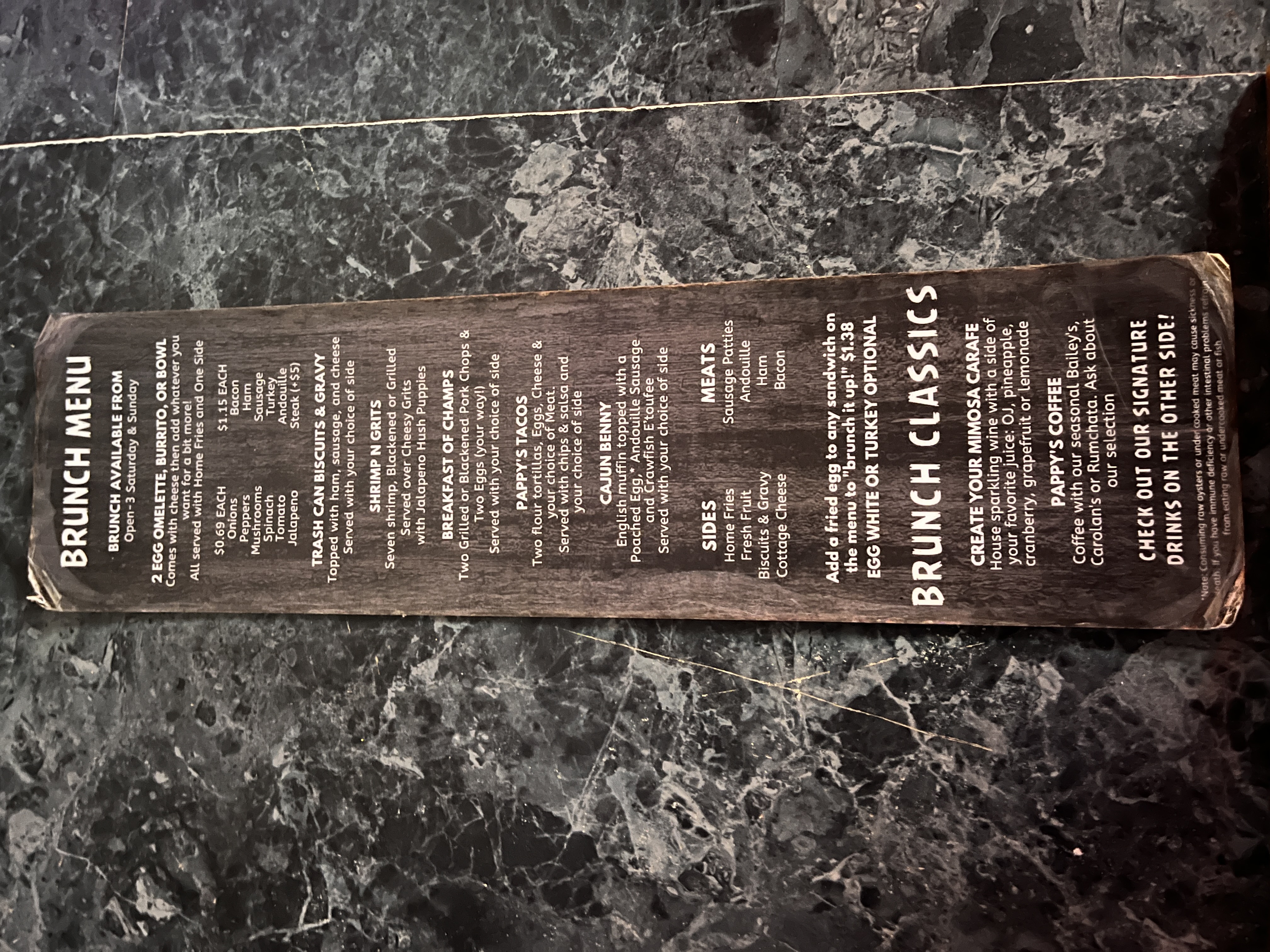 Weekend brunch menu