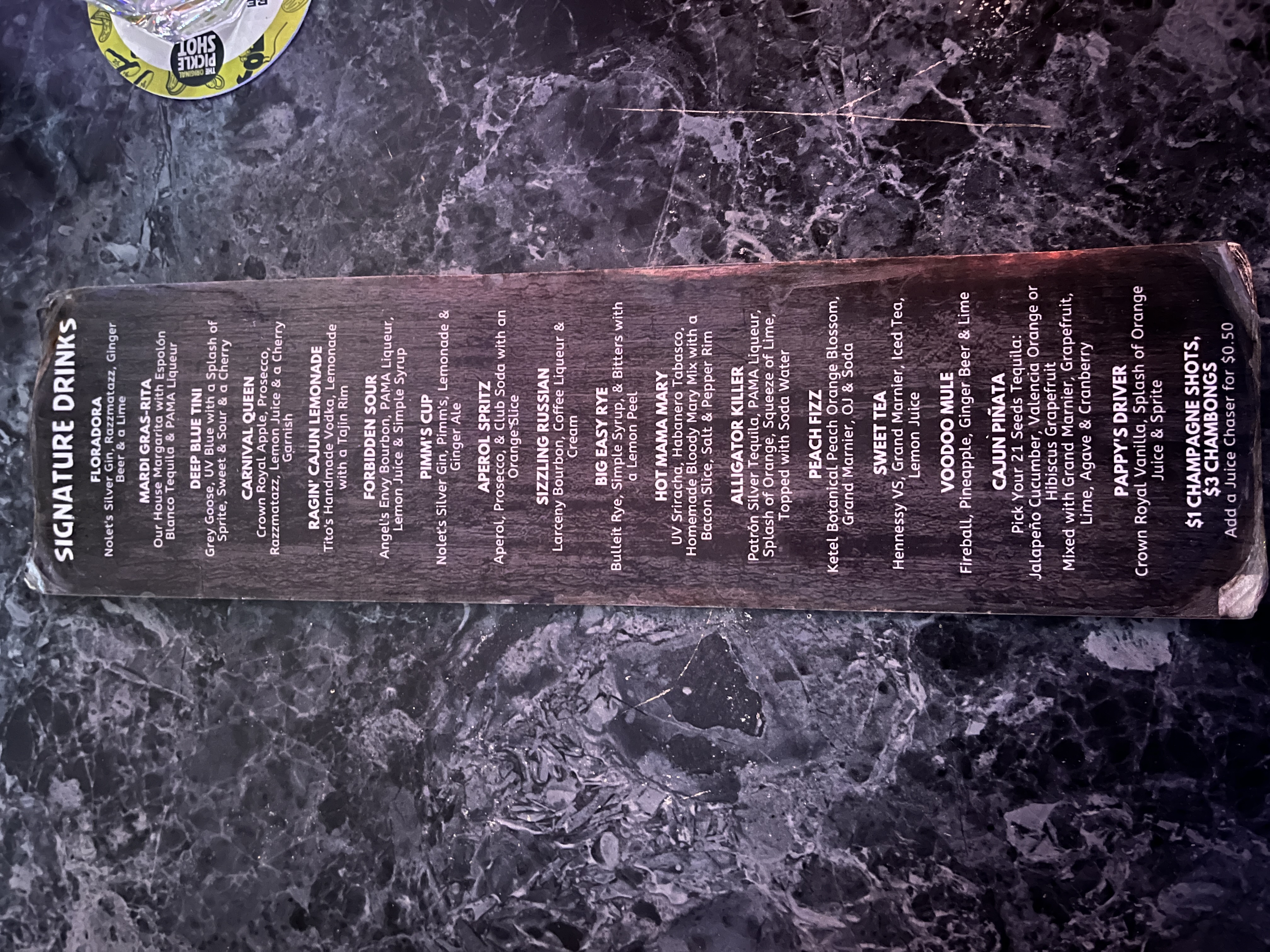 Signature drinks menu