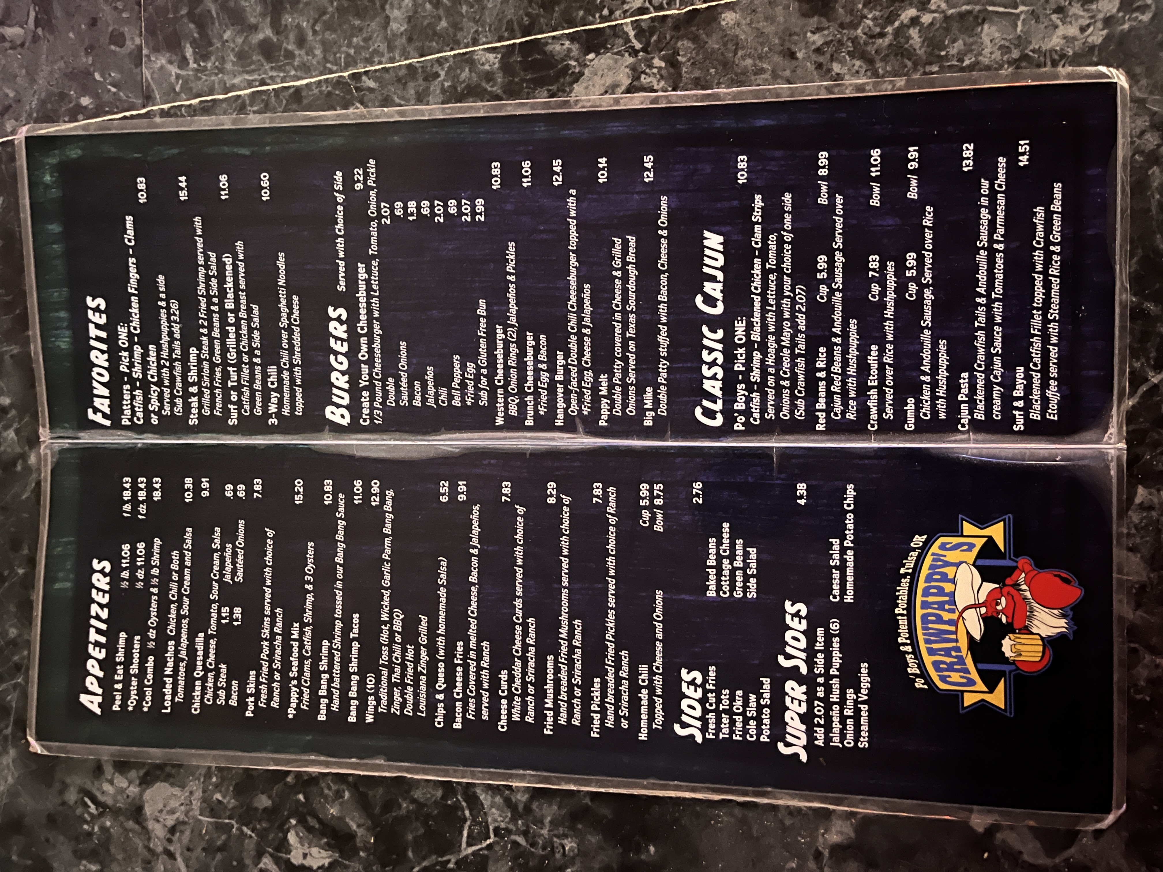 Cajun favorites and bar food menu